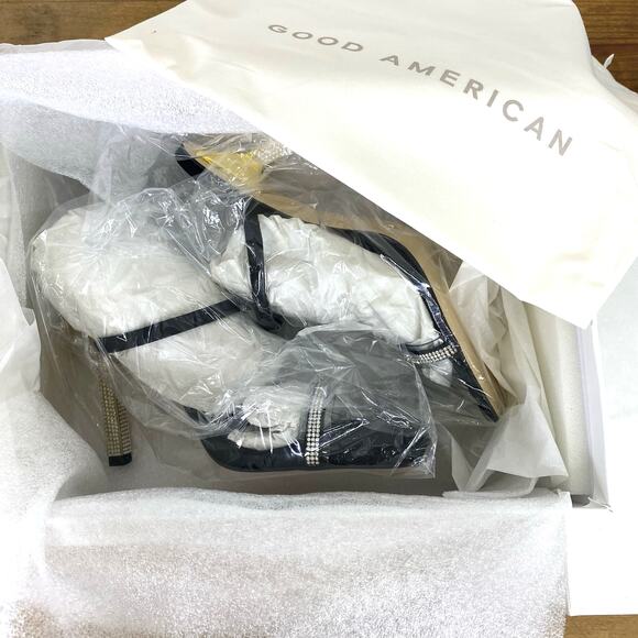 Good American Satin Rhinestone Heels Womens 7.5 Black Gold Square Toe Holidays - Picture 11 of 12